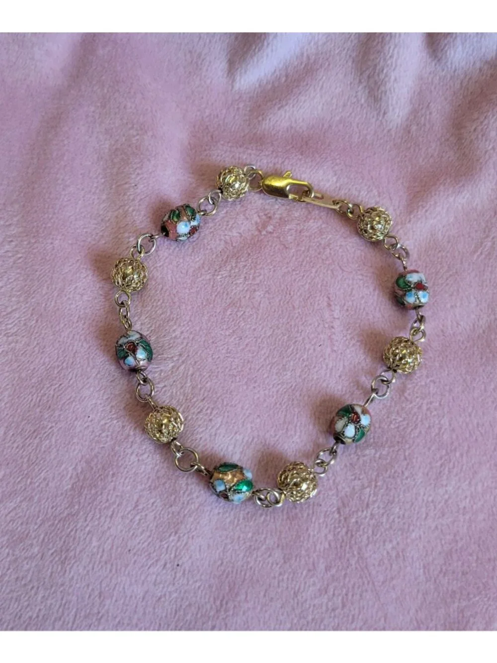 Gold Tone Pink Green Cloisonne Enamel Flower Beaded Wrap Chain Bracelet B1A